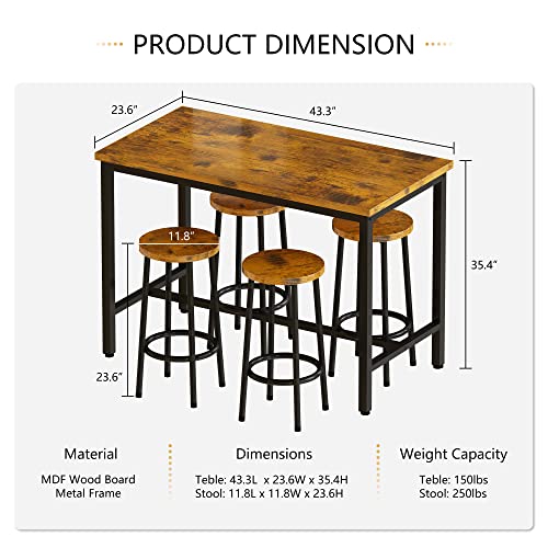 AWQM Bar Height Table and Chairs Bar Table with 4 Stools Industrial Counter Height Dining Sets for Kitchen, Table of 43.4 x 23.6 x 35.7 Inches, Stool of 11.8 x 11.8 x 23.8 Inches, Industrial Brown