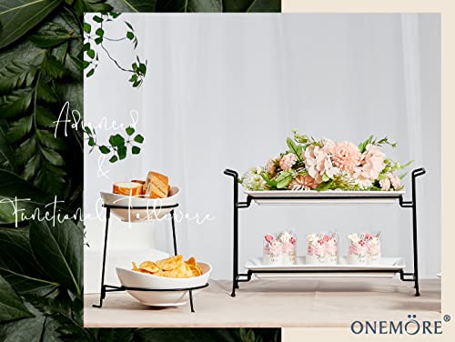 ONEMORE Tiered Serving Stand - 2 Tier Ceramic Chip and Dip Bowls with Collapsible Food Display Stand - Perfect for Parties, Buffets and Entertaining - White