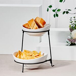 ONEMORE Tiered Serving Stand - 2 Tier Ceramic Chip and Dip Bowls with Collapsible Food Display Stand - Perfect for Parties, Buffets and Entertaining - White