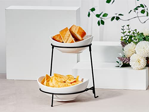 ONEMORE Tiered Serving Stand - 2 Tier Ceramic Chip and Dip Bowls with Collapsible Food Display Stand - Perfect for Parties, Buffets and Entertaining - White