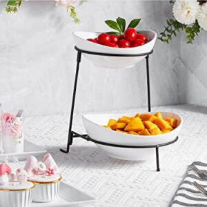 ONEMORE Tiered Serving Stand - 2 Tier Ceramic Chip and Dip Bowls with Collapsible Food Display Stand - Perfect for Parties, Buffets and Entertaining - White