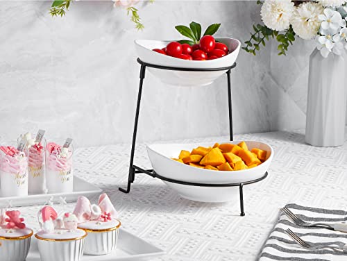 ONEMORE Tiered Serving Stand - 2 Tier Ceramic Chip and Dip Bowls with Collapsible Food Display Stand - Perfect for Parties, Buffets and Entertaining - White