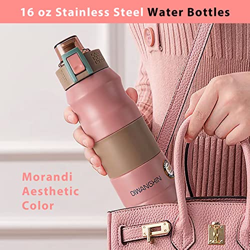 16 oz Stainless Steel Water Bottles,Vacuum Insulated Water Bottles for Hot & Cold Drinks,Perfect for Biking,Backpack,Camping,Office or Car (Pink)