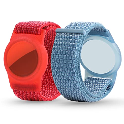 Air tag Wristband Kids(2 Pack), Nylon Air tag Bracelet for Kids Compatible with Apple Air tag, Airtags Holder with Lightweight Elastic Strap Watch Band, Item Finder Holder for Kids(Red & Blue)