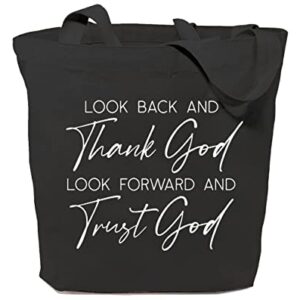 GXVUIS Canvas Tote Bag for Women Thank God and Trust God Christian Reusable Grocery Shoulder Shopping Bags Friends Gifts Black