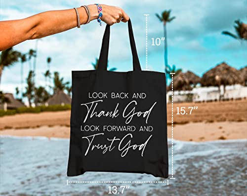 GXVUIS Canvas Tote Bag for Women Thank God and Trust God Christian Reusable Grocery Shoulder Shopping Bags Friends Gifts Black