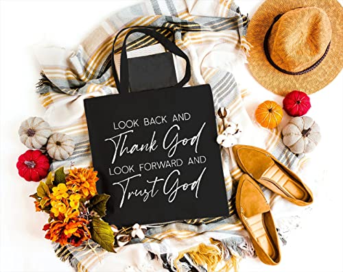 GXVUIS Canvas Tote Bag for Women Thank God and Trust God Christian Reusable Grocery Shoulder Shopping Bags Friends Gifts Black