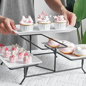 ONEMORE 3 Tier Serving Tray - Collapsible Tiered Stand and Ceramic Serving Platters - Cross Bars Included - White