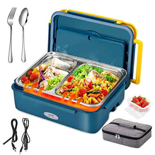 MDHAND Heated Lunch Boxes For Adults, Electric Lunch Box Food Heater, 3 In 1 Food Warmer Lunch Box 110V/12V/24V for Car and Track, 304 Stainless Steel Lunch Box Container, 60W Faster Heating Lunch Box