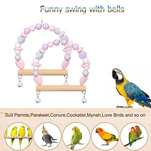 Wooden Bird Swings for Parakeets, Small Birds Hanging Cage Toys Supplies with Bell for Conures Budgies Lovebirds Cockatiel 2Pcs