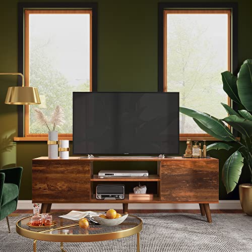 WLIVE TV Stand for 55 60 inch TV, Mid Century Modern TV Console, Entertainment Center with Storage for Living Room, Retro Brown