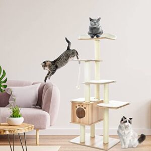 Arlopu Modern Wooden Cat Tree Tower, Cat Condo Furniture with Multi-Layer Platform, 67.3" Tall Large Cat Climbing Stand with Sisal Rope Scratching Post, Washable Plush Cushion for Kittens/Large Cats