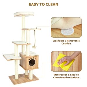 Arlopu Modern Wooden Cat Tree Tower, Cat Condo Furniture with Multi-Layer Platform, 67.3" Tall Large Cat Climbing Stand with Sisal Rope Scratching Post, Washable Plush Cushion for Kittens/Large Cats