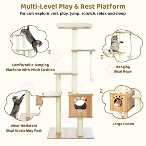 Arlopu Modern Wooden Cat Tree Tower, Cat Condo Furniture with Multi-Layer Platform, 67.3" Tall Large Cat Climbing Stand with Sisal Rope Scratching Post, Washable Plush Cushion for Kittens/Large Cats