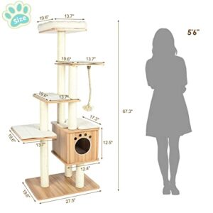 Arlopu Modern Wooden Cat Tree Tower, Cat Condo Furniture with Multi-Layer Platform, 67.3" Tall Large Cat Climbing Stand with Sisal Rope Scratching Post, Washable Plush Cushion for Kittens/Large Cats