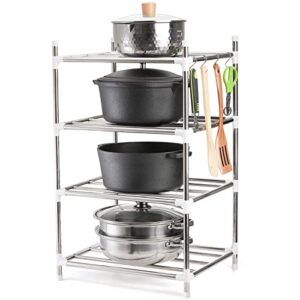 cedilis 4 tier metal storage rack with hooks, standing shelf units for kitchen pan pot organizer, pantry cabinet shelf organizer, 26.7 x 15.2 x 12.6in