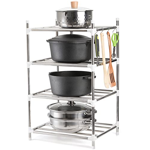 Cedilis 4 Tier Metal Storage Rack with Hooks, Standing Shelf Units for Kitchen Pan Pot Organizer, Pantry Cabinet Shelf Organizer, 26.7 x 15.2 x 12.6IN