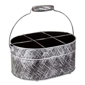 black & silver metalic caddy plain 10.5 x 8 x 5 - galvanized metal organizer for kitchen counter - comfortable wooden handle /indoor/outdoor storage for flatware, condiments, party cutlery, arts
