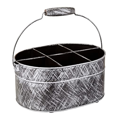 Black & Silver Metalic Caddy Plain 10.5 x 8 x 5 - Galvanized Metal Organizer for Kitchen Counter - Comfortable Wooden Handle /Indoor/Outdoor Storage For Flatware, Condiments, Party Cutlery, Arts