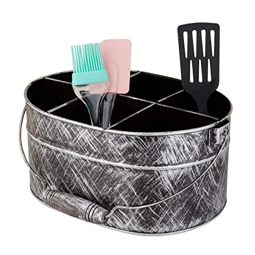 Black & Silver Metalic Caddy Plain 10.5 x 8 x 5 - Galvanized Metal Organizer for Kitchen Counter - Comfortable Wooden Handle /Indoor/Outdoor Storage For Flatware, Condiments, Party Cutlery, Arts