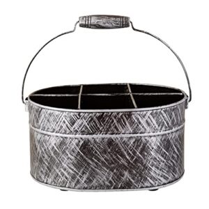 Black & Silver Metalic Caddy Plain 10.5 x 8 x 5 - Galvanized Metal Organizer for Kitchen Counter - Comfortable Wooden Handle /Indoor/Outdoor Storage For Flatware, Condiments, Party Cutlery, Arts