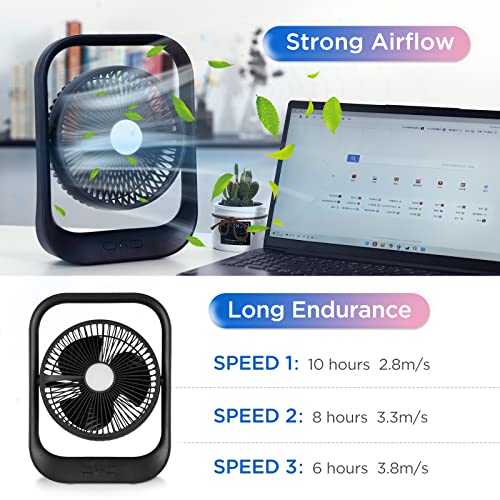 goodat 13.5 Inch Portable Desk Fan with LED Lantern Battery Operated Fan Rechargeable Folding Personal Fan Ultra Quiet 3 Speed Adjustable Strong Wind USB Fan For Office Bedroom Home Desktop Camping