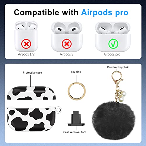 Lopnord for AirPods Pro Case Cute, Cover for AirPods Pro Case Cover Cute with Keychain for Women Girls, Hard Protective Skin with Keychain Pom pom Ball for Airpod Pro Charging Case Accessories(Cow)