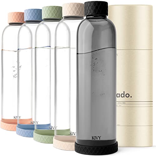 KIVY 32 oz Glass Water Bottle with Silicone Sleeve - BPA free Glass Water Bottles 32 oz - Black water bottles glass bottle - Borosilicate glass water bottle 32 oz - Reusable black water bottle glass