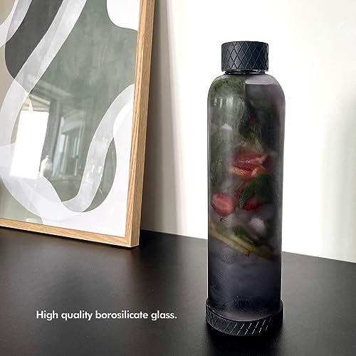 KIVY 32 oz Glass Water Bottle with Silicone Sleeve - BPA free Glass Water Bottles 32 oz - Black water bottles glass bottle - Borosilicate glass water bottle 32 oz - Reusable black water bottle glass