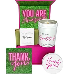 boxzie thank you box for women - gratitude candle & soap gift basket set - thoughtful appreciation gifts for coworkers, employee, secretary, hostess, teacher, friends, boss