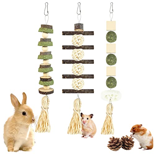 PRAZONVEE Rabbit Chew Toys, Molar Wood Treats Toys for Hamster, Organic Apple Strings Chew and Play Toys Teeth Grinding, with 2 Pine Nuts, for Bunny, Guinea Pigs, Chinchillas and Small Animals