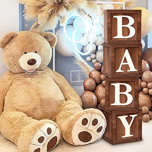 Wood Print Baby Shower Boxes for Teddy Bear Birthday Party Centerpiece - 4 Pcs Wood Grain Baby Cubes Rustic Baby Blocks with Letters, Brown Baby Shower Decorations