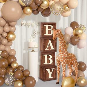 Wood Print Baby Shower Boxes for Teddy Bear Birthday Party Centerpiece - 4 Pcs Wood Grain Baby Cubes Rustic Baby Blocks with Letters, Brown Baby Shower Decorations