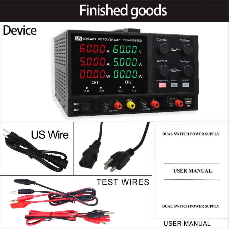 Lwlongwei 4 Channels DC Power Supply Variable, Tripple 60V 5A 2 * 300W Adjustable Switching Regulated DC Bench Power Supply with 4-Digits LED Power Display 5V/2A USB/DC Output Black