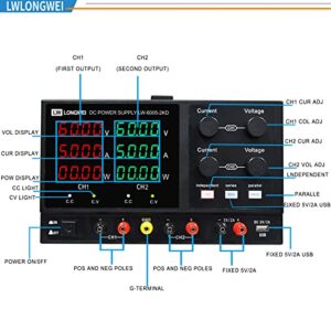 Lwlongwei 4 Channels DC Power Supply Variable, Tripple 60V 5A 2 * 300W Adjustable Switching Regulated DC Bench Power Supply with 4-Digits LED Power Display 5V/2A USB/DC Output Black