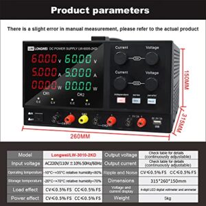 Lwlongwei 4 Channels DC Power Supply Variable, Tripple 60V 5A 2 * 300W Adjustable Switching Regulated DC Bench Power Supply with 4-Digits LED Power Display 5V/2A USB/DC Output Black