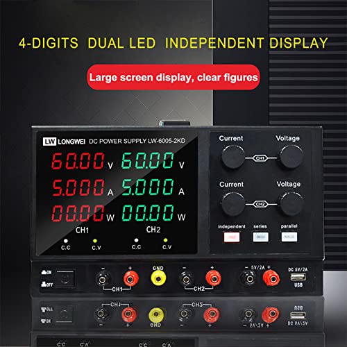 Lwlongwei 4 Channels DC Power Supply Variable, Tripple 60V 5A 2 * 300W Adjustable Switching Regulated DC Bench Power Supply with 4-Digits LED Power Display 5V/2A USB/DC Output Black