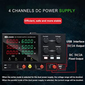 Lwlongwei 4 Channels DC Power Supply Variable, Tripple 60V 5A 2 * 300W Adjustable Switching Regulated DC Bench Power Supply with 4-Digits LED Power Display 5V/2A USB/DC Output Black