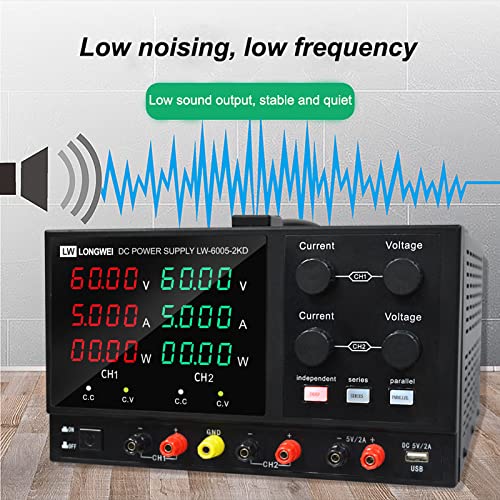 Lwlongwei 4 Channels DC Power Supply Variable, Tripple 60V 5A 2 * 300W Adjustable Switching Regulated DC Bench Power Supply with 4-Digits LED Power Display 5V/2A USB/DC Output Black