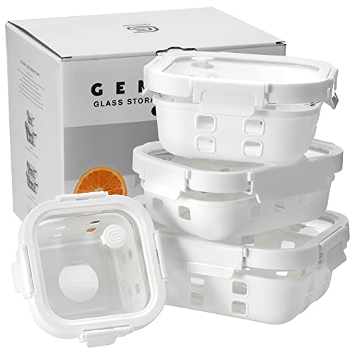 GENICOOK Borosilicate Tempered Glass Food Storage Containers with Glass Lids - Food Grade Silicone Wrap & Air Release Vent, Rectangular shape - 8 Pc Set (4 Containers - 4 Matching Lids) White