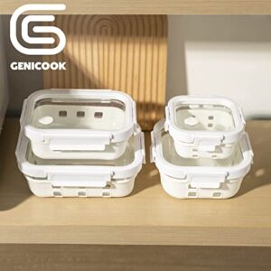 GENICOOK Borosilicate Tempered Glass Food Storage Containers with Glass Lids - Food Grade Silicone Wrap & Air Release Vent, Rectangular shape - 8 Pc Set (4 Containers - 4 Matching Lids) White