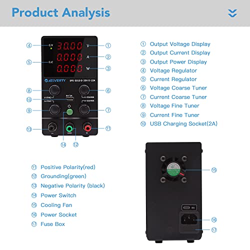 DC Power Supply Variable, 30V 10A Adjustable Switching Regulated DC Bench Power Supply with High Precision 4-Digits LED Display, 5V/2A USB Port, Coarse and Fine Adjustments Jesverty SPS-3010