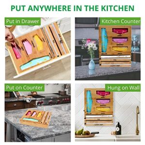 Bamboo Ziplock Bag Organizer with Foil and Plastic Wrap Organizer with Cutter - Aluminum Foil Dispenser for Drawer - Compatible with 12" Regular Kitchen Rolls