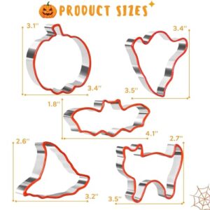 Crethinkaty Halloween Cookie Cutters Set 5 Piece Halloween Biscuit Cutters Stainless Steel with Protective Silicone Edge for Baking - Pumpkin, Bat, Ghost, Cat and Witch Hat