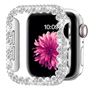 bling bumper case compatible with apple watch series 6 5 4 se 44mm,diamond protective face cover for women,hard pc frame protector for iwatch 44mm silver