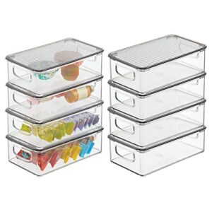 mdesign plastic pantry storage box container with lid and built-in handles - organization for flour, cereal, pasta, rice, or food in kitchen cupboard, ligne collection, 8 pack, clear/smoke gray