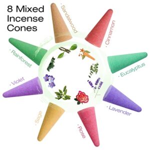 Incense Cones, Assorted Scented Incense Cones with Holder, Incense Variety Pack Gift Set, Rose, Sage, Lavender, Violet, Cinnamon, Eucalyptus, Sandalwood, Rain Forest, 120 Cones Total