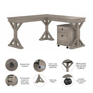 Bush Furniture Homestead Farmhouse L Shaped Desk with Mobile File Cabinet, Driftwood Gray