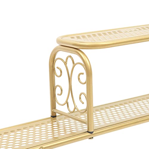 JEROAL Over Sink Organizer Shelf, 2 Tier Metal Kitchen Corner Rack, Bathroom Vanity Countertop Storage, Space Save Balcony Window Plant Shelf Riser with Scrollwork Design, Gold