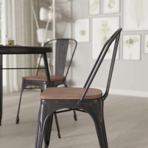 Merrick Lane Amsterdam Black-Antique Gold Metal Dining Chair with Curved Vertical Slatted Back and Square Seat